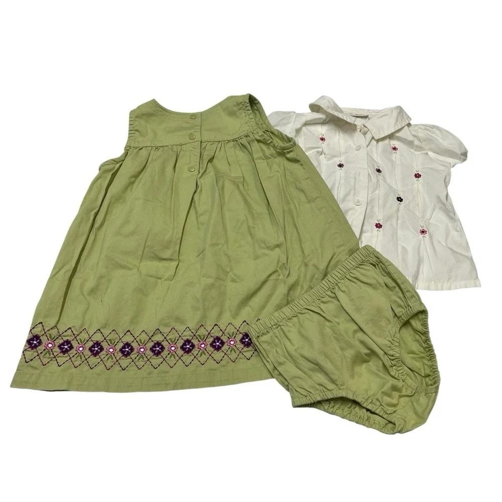 Vintage Gymboree Jumper Dress Green Codury Floral Emboridered S 3Y 3PC Blouse